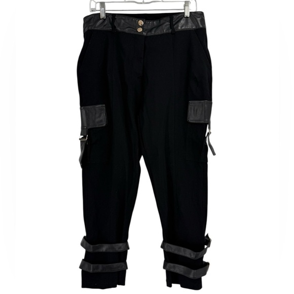 Alberto Makali Pants - Alberto Makali Black Faux Leather Trim Cargo Pants Strappy Buckle Avant Garde